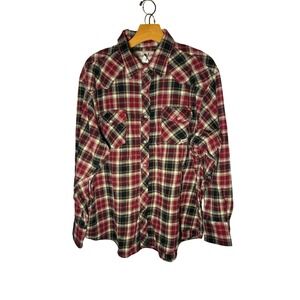 Wrancher by Wrangler Plaid West Shirt 2X Red Black White Long Sleeve Pearl Snap‎